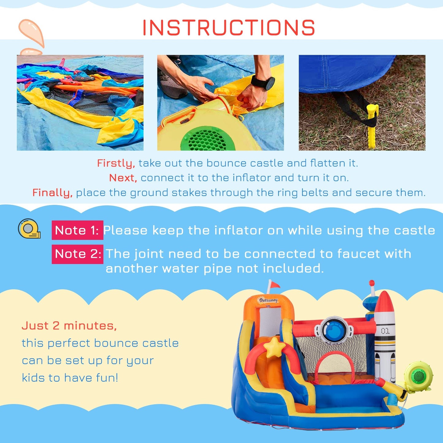 Miscellaneous-5-in-1 Inflatable Water Slide Kids Bounce House Space Theme Water Park Includes Slide Trampoline Pool Cannon Climbing Wall & 450W Air Blower - Outdoor Style Company
