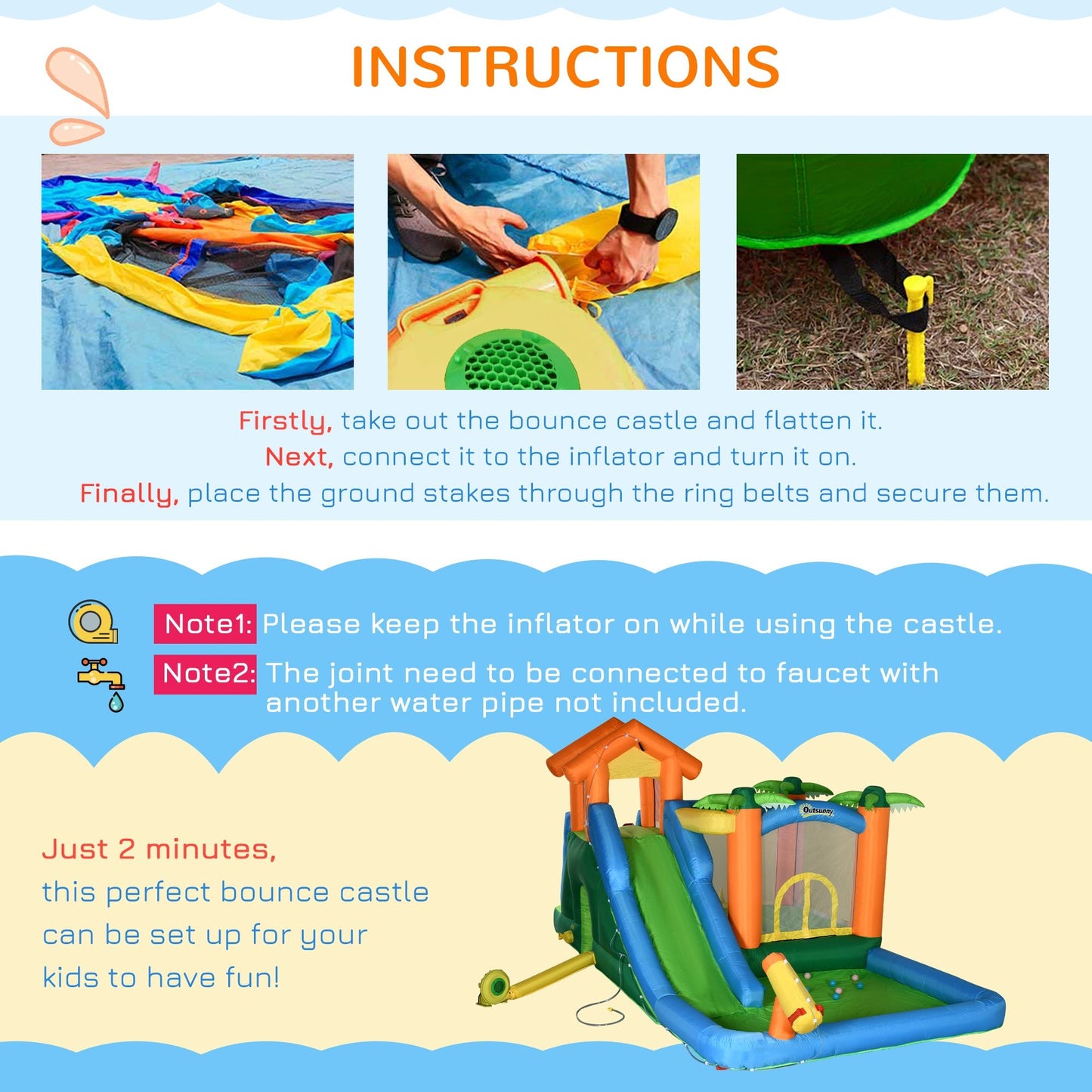 Miscellaneous-5-in-1 Inflatable Water Slide Kids Bounce House Summer Theme Jumping Castle Includes Slide Trampoline Pool Water Gun Climbing Wall - Outdoor Style Company