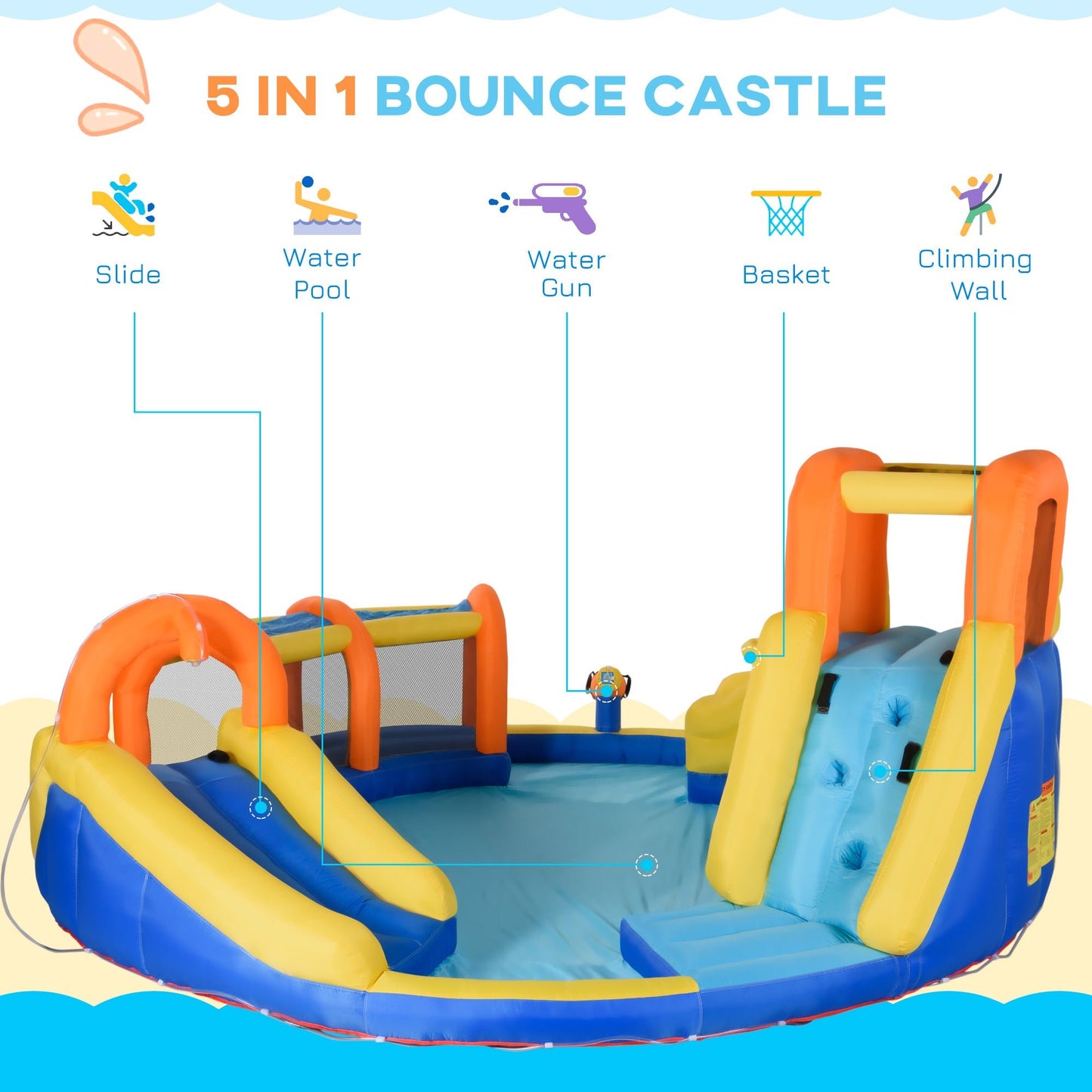 Miscellaneous-5-in-1 Inflatable Water Slide Kids Jumping Castle Includes Slide Basket Pool Water Gun Climbing Wall with Repair Patches and 750W Air Blower - Outdoor Style Company