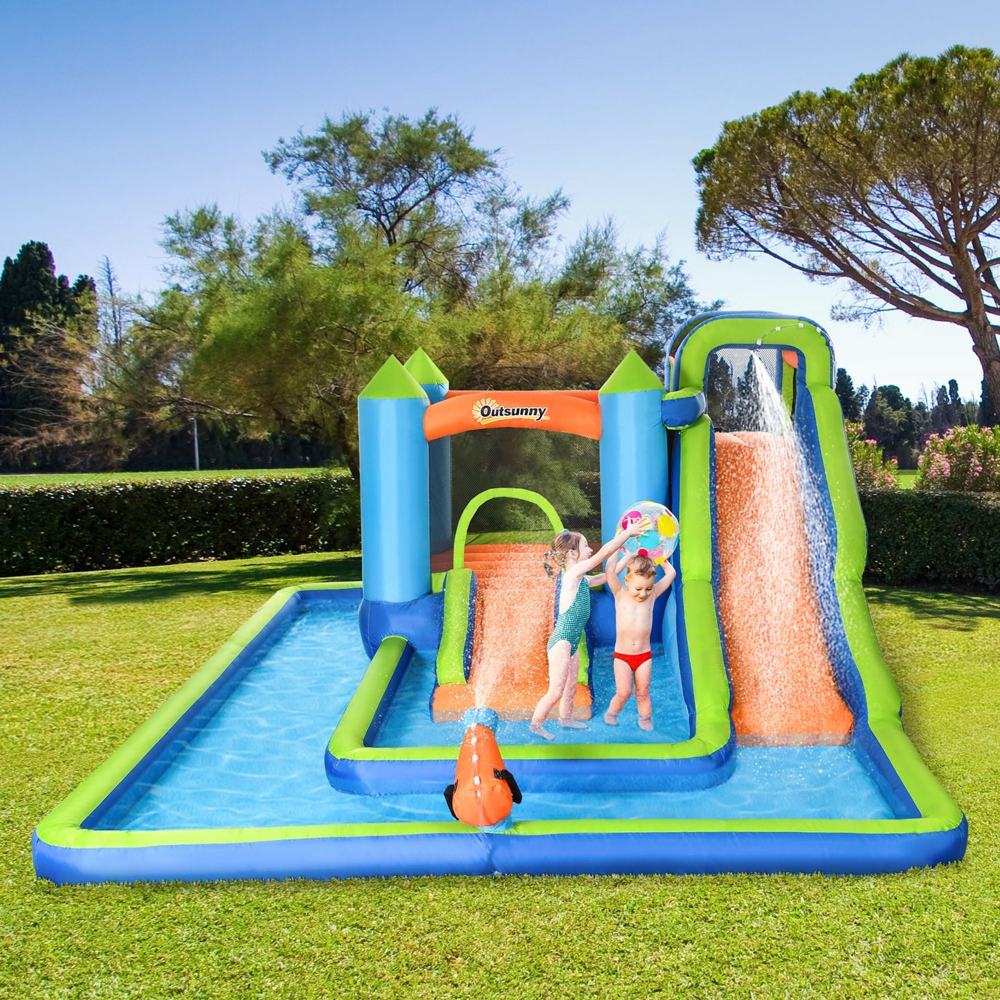 Outdoor and Garden-5 in 1 Kids Bounce House with 2 Slides Pool Trampoline Climbing Wall Water Cannon, Outdoor Indoor Inflatable Water Slide, for 3-8 Years Old - Outdoor Style Company