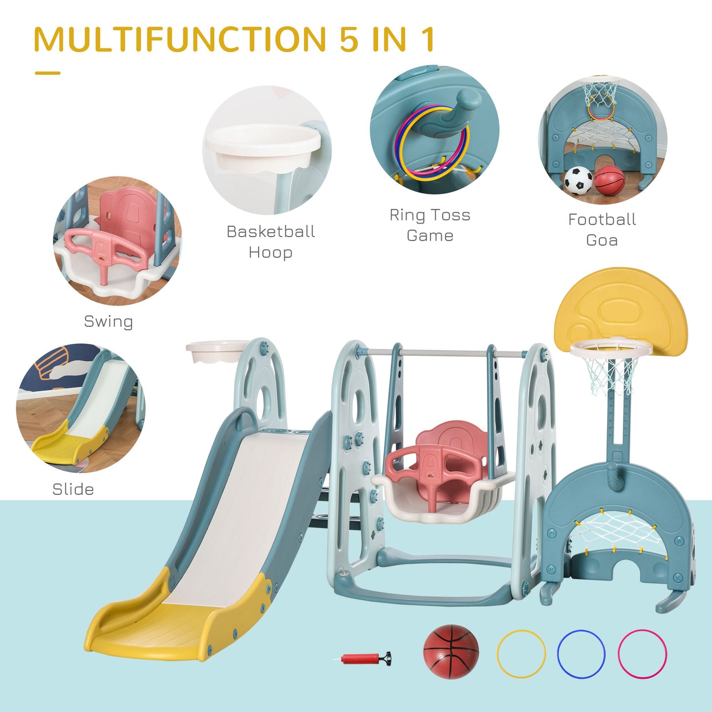 Toys and Games-5 in 1 Kids Slide and Swing Set with Basketball Hoop, Football Goal & Water-Fillable Base, Toddler Playground Activity Center Indoor Exercise Toy - Outdoor Style Company