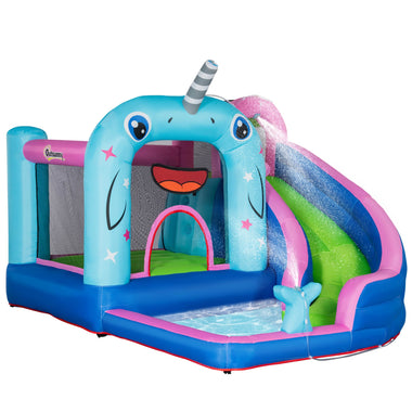 Miscellaneous-5-in-1 Water Slide Kids Inflatable Bounce House Narwhals Theme Jumping Castle Includes Slide, Trampoline, Pool, Water Gun, Climbing Wall - Outdoor Style Company