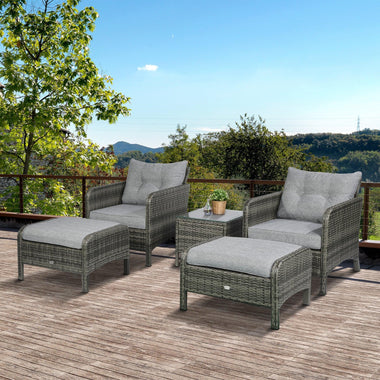 Outdoor and Garden-5 Pcs Rattan Wicker Lounge Chair Outdoor Patio Conversation Set with 2 Cushioned Chairs, 2 Ottomans & Tempered Glass Top Coffee Table, Grey - Outdoor Style Company