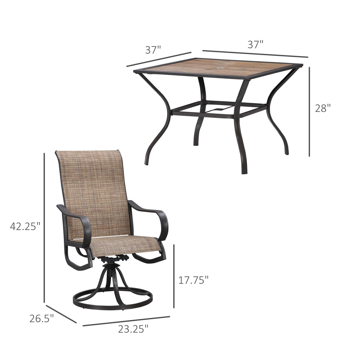 Outdoor and Garden-5-Piece Patio Dining Set, 4 Swivel Rocker Chairs and 37" x 37" Dining Table Furniture Set with Umbrella Hole, Brown - Outdoor Style Company