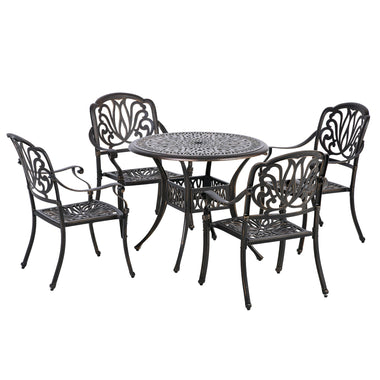Outdoor and Garden-5-Piece Patio Dining Set for 4, Cast Aluminum Outdoor Furniture Set with 4 Stackable Armchairs & Φ35.5" Round Table, Intricate Scrollwork - Outdoor Style Company