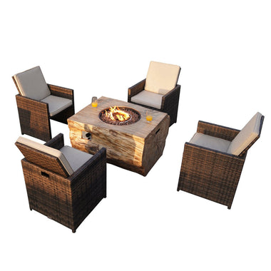 -5-Piece Patio Rectangle Grain Firepit Set with 4 Brown Rattan Seating Chairs - Outdoor Style Company