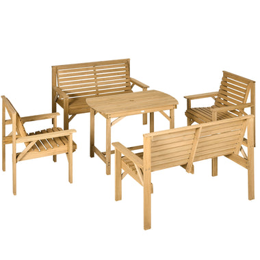 Outdoor and Garden-5 Pieces Patio Dining Set for 6, Natural Wood Outdoor Table and Chairs, Loveseats, Umbrella Hole, Light Brown - Outdoor Style Company