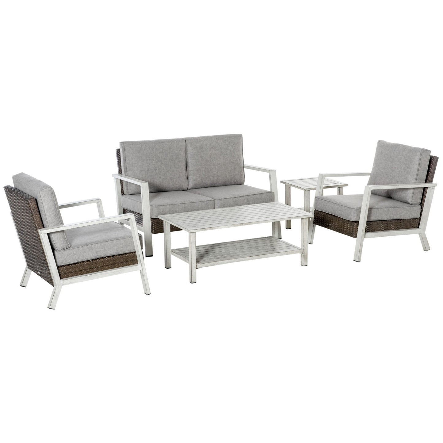 Outdoor and Garden-5 Pieces Patio Wicker Conversation Sets, Outdoor PE Rattan Loveseat Furniture, Two-tier Coffee Table and Side Table, Beige - Outdoor Style Company
