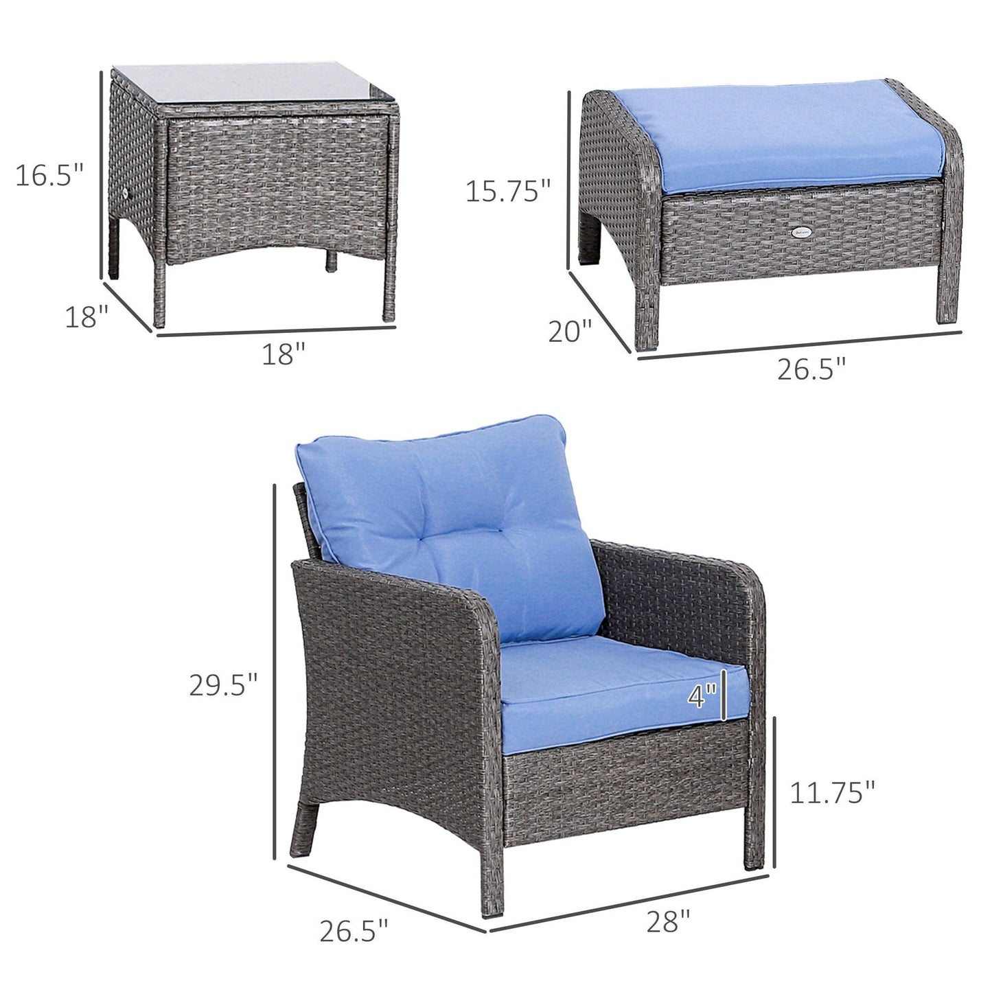 Outdoor and Garden-5 Pieces Rattan Wicker Lounge Chair Outdoor Patio Conversation Set with 2 Cushioned Chairs, 2 Ottomans & Glass Table, Grey - Outdoor Style Company