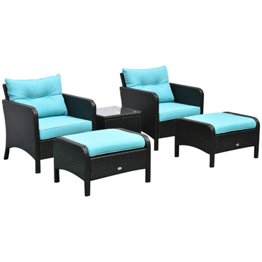 Outdoor and Garden-5 Pieces Rattan Wicker Lounge Chair Outdoor Patio Conversation Set with Cushioned Chairs, Ottomans & Tempered Glass Top Coffee Table, Blue - Outdoor Style Company