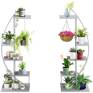 Outdoor and Garden-5 Tier Metal Plant Stand Half Moon Shape Ladder Flower Pot Holder Shelf for Indoor Outdoor Patio Lawn Garden Balcony Decor, 2 Pack, Grey - Outdoor Style Company