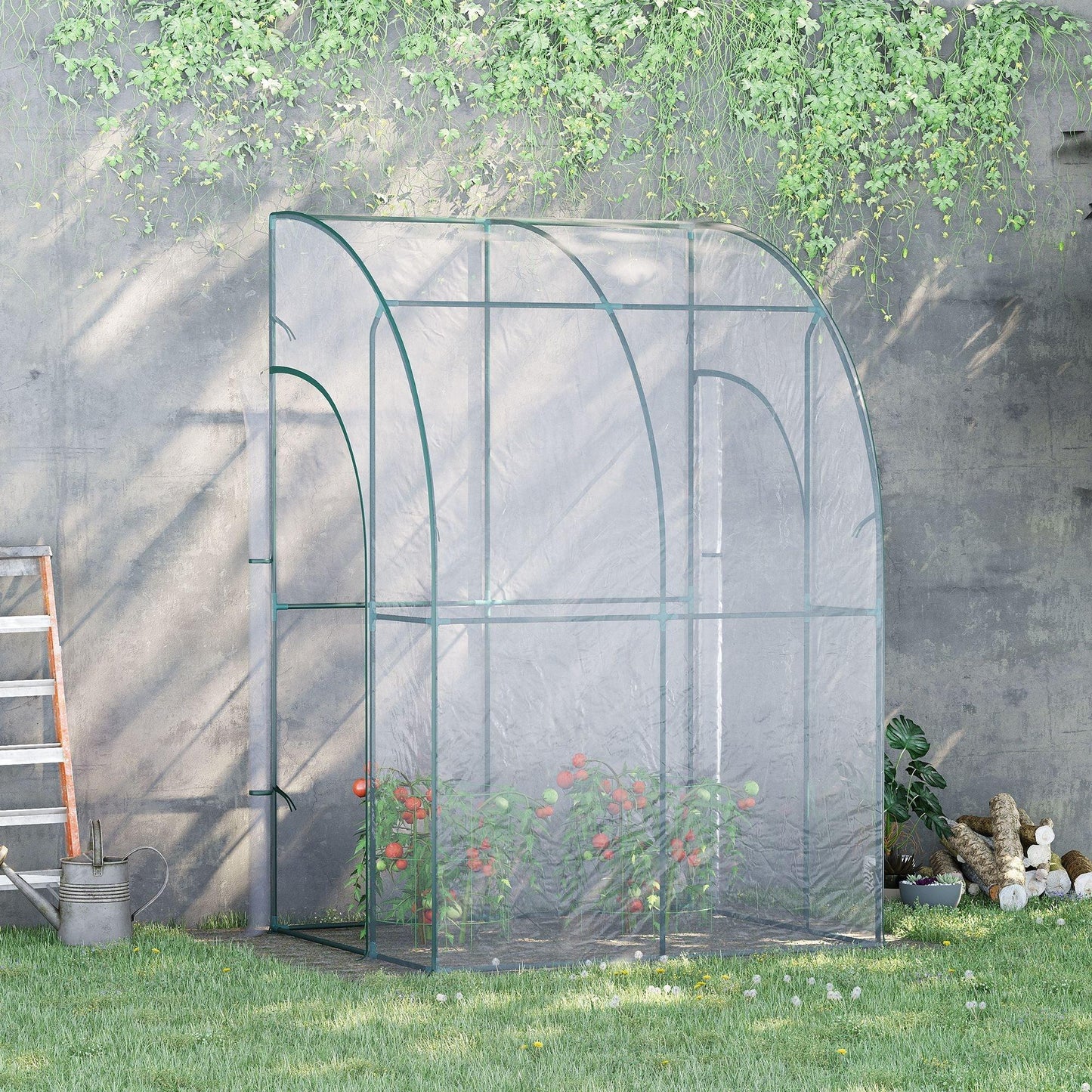 Outdoor and Garden-5 x 4 x 7ft Outdoor Lean to Greenhouse with 2 Zippered Roll Up Doors, PVC Cover Sloping Top, Backyard Greenhouse - Outdoor Style Company