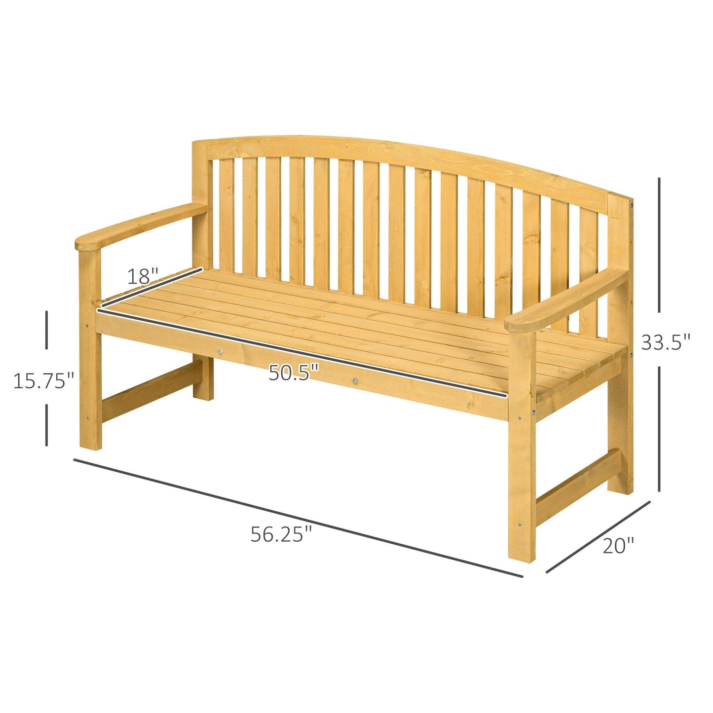 Outdoor and Garden-56" Outdoor Patio Wood Bench, 2-Seater Garden Bench with Slatted Seat, Backrest & Arm Rests for Patio, Porch, Poolside, Natural - Outdoor Style Company