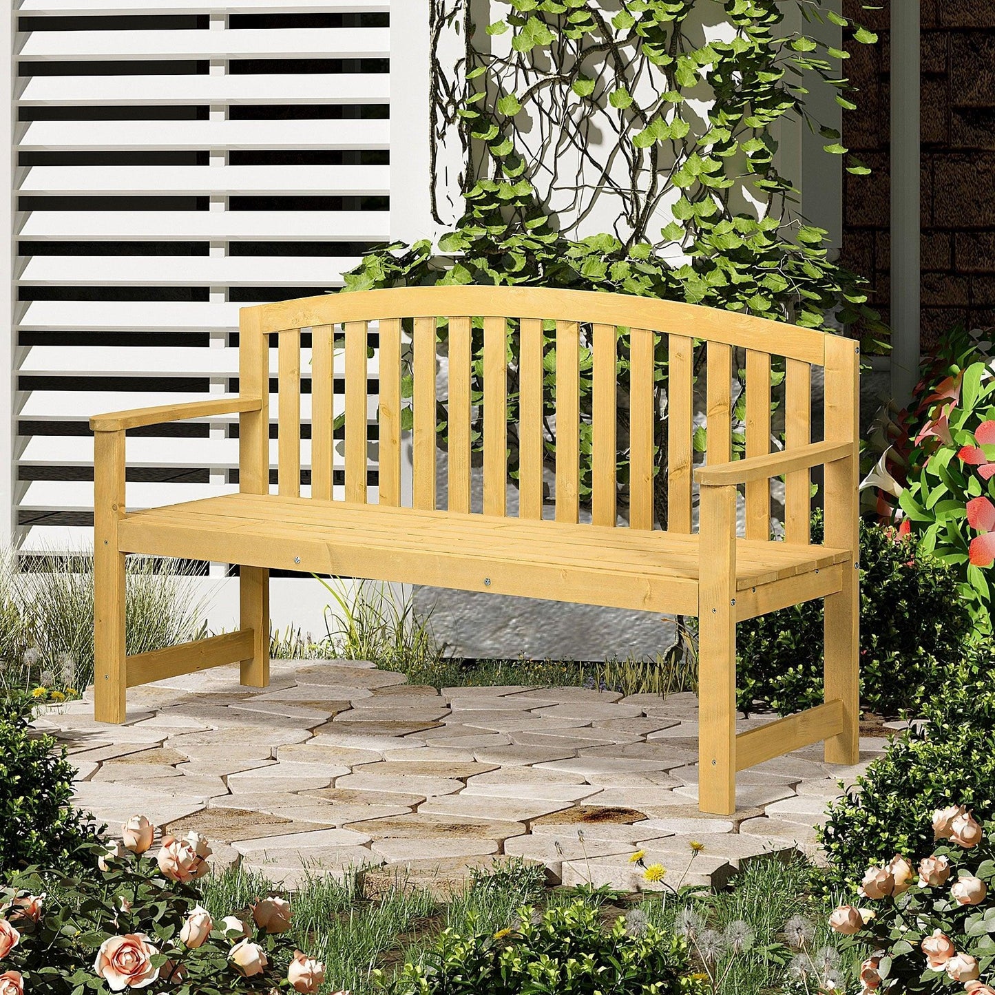 Outdoor and Garden-56" Outdoor Patio Wood Bench, 2-Seater Garden Bench with Slatted Seat, Backrest & Arm Rests for Patio, Porch, Poolside, Natural - Outdoor Style Company