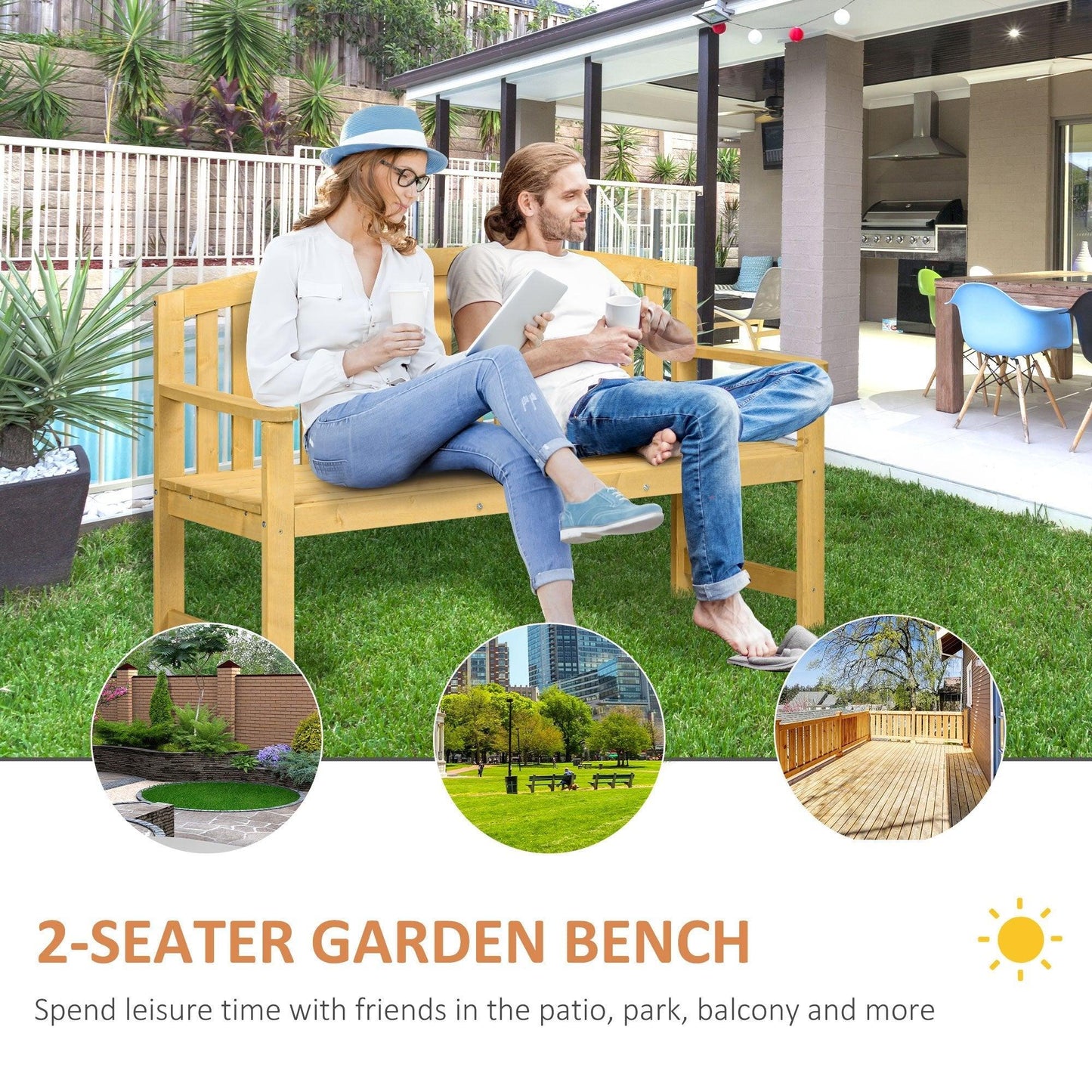 Outdoor and Garden-56" Outdoor Patio Wood Bench, 2-Seater Garden Bench with Slatted Seat, Backrest & Arm Rests for Patio, Porch, Poolside, Natural - Outdoor Style Company