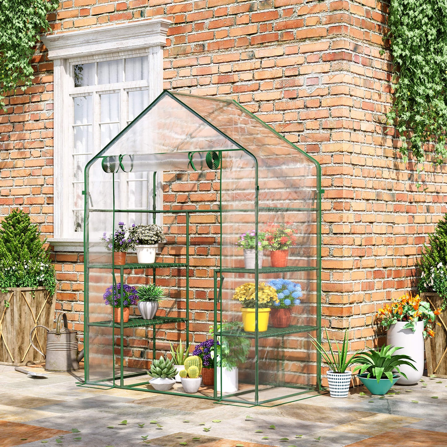 Outdoor and Garden-56" x 29" x 77" Mini Greenhouse, Walk-in Greenhouse, Garden Hot House with 4 Shelves, Roll-Up Door and Weatherized Cover, Deep Green - Outdoor Style Company