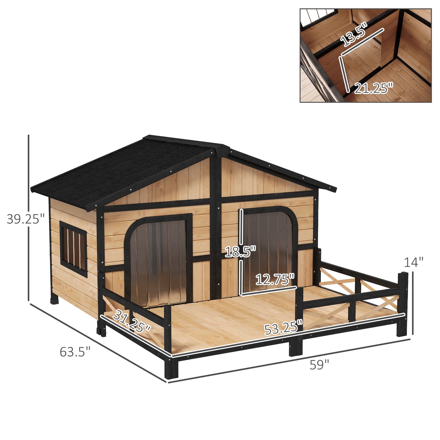 Pet Supplies-59"x64"x39" Large Wooden Dog House Raised Weatherproof Rustic Log Cabin Style Elevated Pet Shelter Porch Deck, Natural - Outdoor Style Company