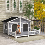 Pet Supplies-59"x64"x39" Wood Large Dog Kennel Cabin Style Elevated Pet Shelter w/ Porch Deck Grey - Outdoor Style Company