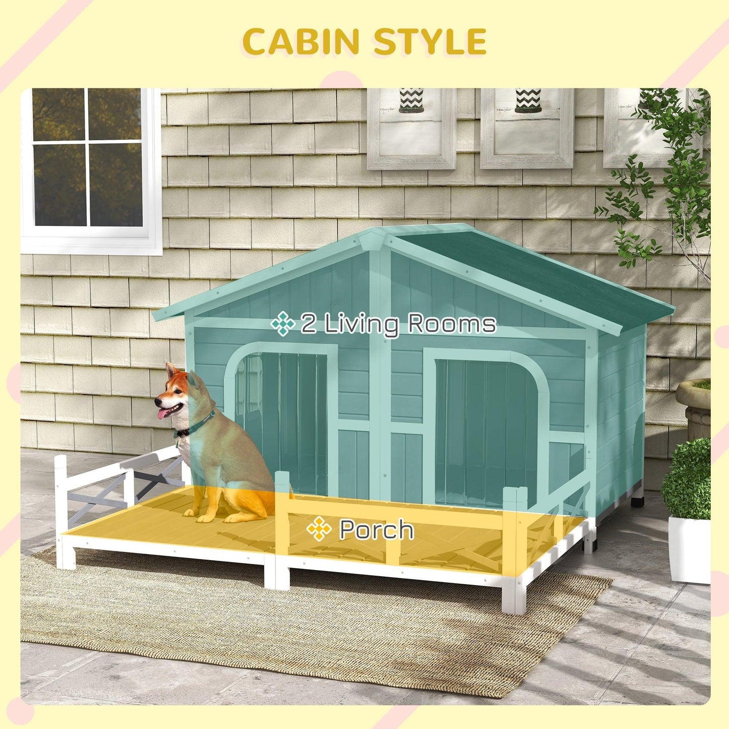 Pet Supplies-59"x64"x39" Wood Large Dog Kennel Cabin Style Elevated Pet Shelter w/ Porch Deck Grey - Outdoor Style Company