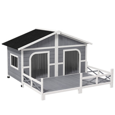 Pet Supplies-59"x64"x39" Wood Large Dog Kennel Cabin Style Elevated Pet Shelter w/ Porch Deck Grey - Outdoor Style Company