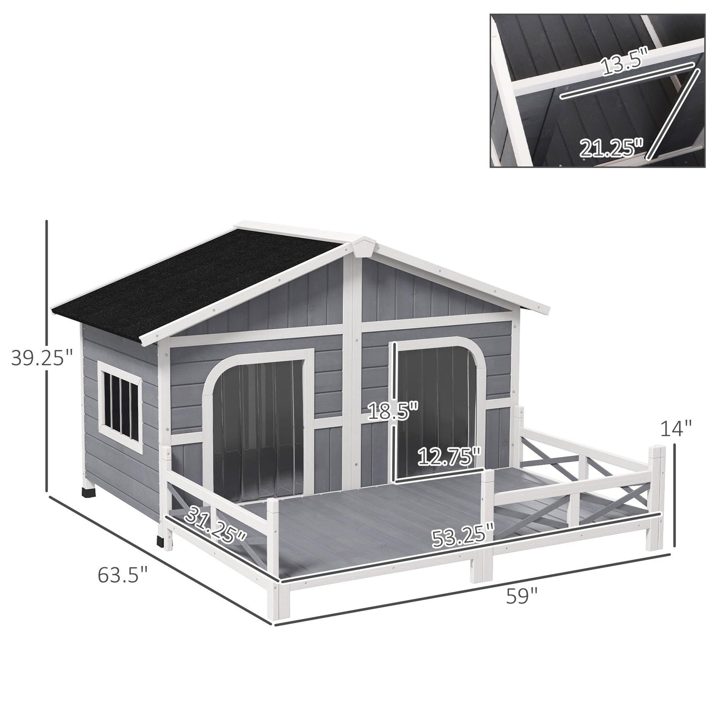 Pet Supplies-59"x64"x39" Wood Large Dog Kennel Cabin Style Elevated Pet Shelter w/ Porch Deck Grey - Outdoor Style Company