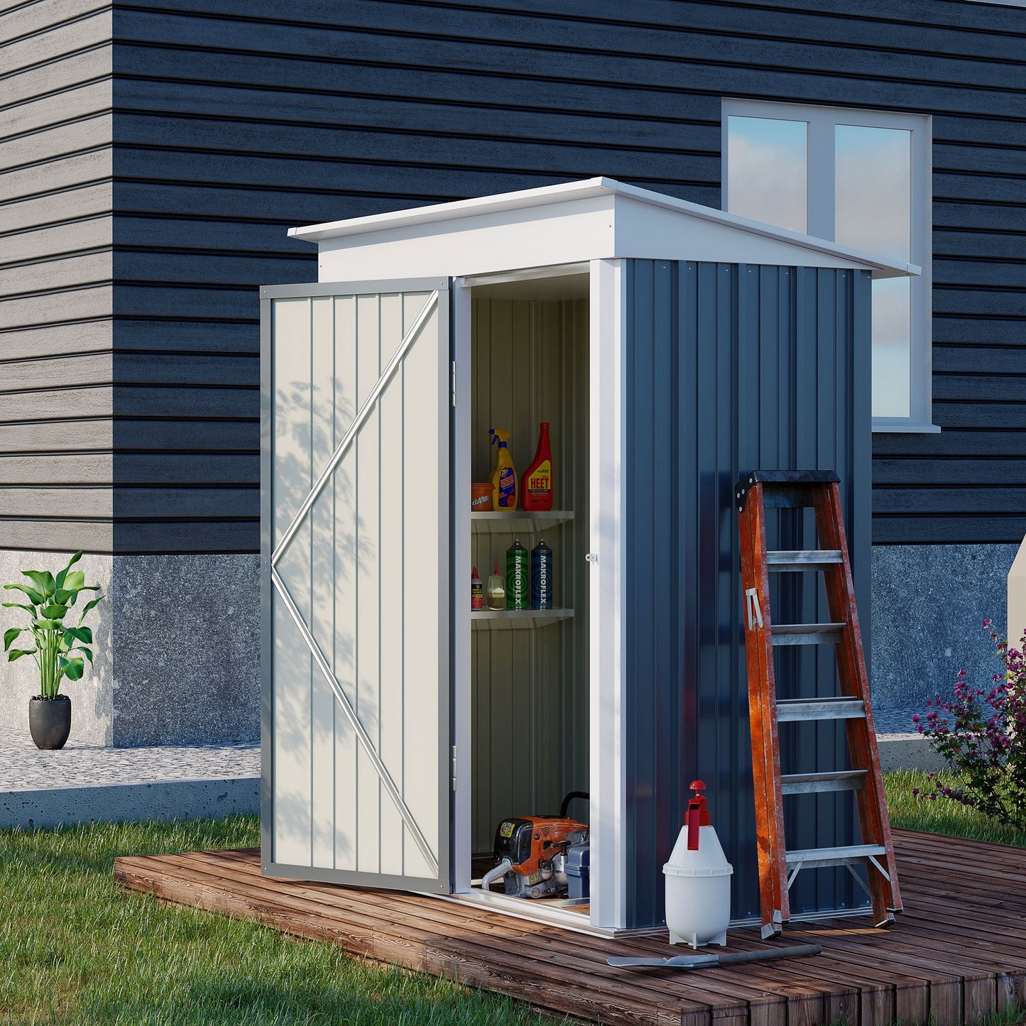 Outdoor and Garden-5'x3'x6' Garden Metal Sheds with floor, Small Lean-to Shed with Adjustable Shelf, Lock, Gloves, Cool Gray - Outdoor Style Company