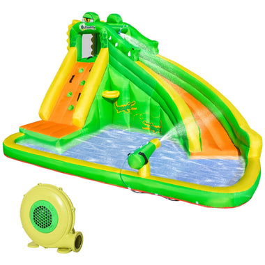 Miscellaneous-6 in 1 Inflatable Water Slide Crocodile Style Water Park Bounce House Castle with Slide, Pool, Basket, Climbing Wall, Include Air Blower - Outdoor Style Company