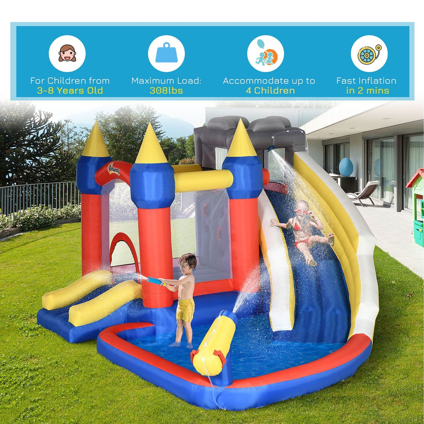 Miscellaneous-6-in-1 Inflatable Water Slide, Kids Castle Bounce House Includes Slide, Trampoline. Basket, Pool, Water Gun, Climbing Wall - Outdoor Style Company