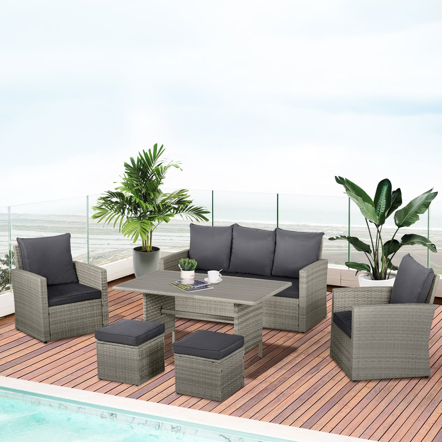 Outdoor and Garden-6 PCS Patio Dining Set All Weather Rattan Wicker Furniture Set with Wood Grain Top Table and Soft Cushions, Mixed Grey - Outdoor Style Company
