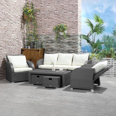 Outdoor and Garden-6-Piece Outdoor Rattan Patio Sectional Sofa Set with 3-Seat Couch, 2 Recliners, Ottoman Footrests & Coffee Table, Off-white - Outdoor Style Company