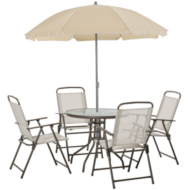 Outdoor and Garden-6 Piece Patio Dining Set for 4 with Umbrella, 4 Folding Dining Chairs & Round Glass Table for Garden, Backyard and Poolside, Beige - Outdoor Style Company