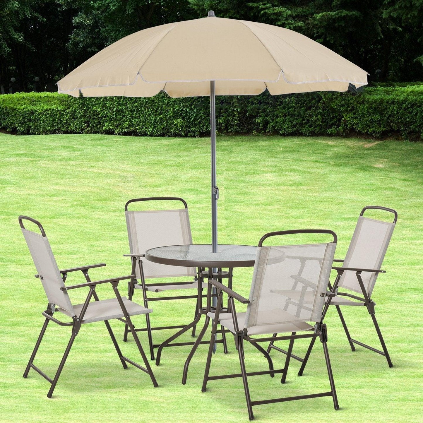 Outdoor and Garden-6 Piece Patio Dining Set for 4 with Umbrella, 4 Folding Dining Chairs & Round Glass Table for Garden, Backyard and Poolside, Beige - Outdoor Style Company