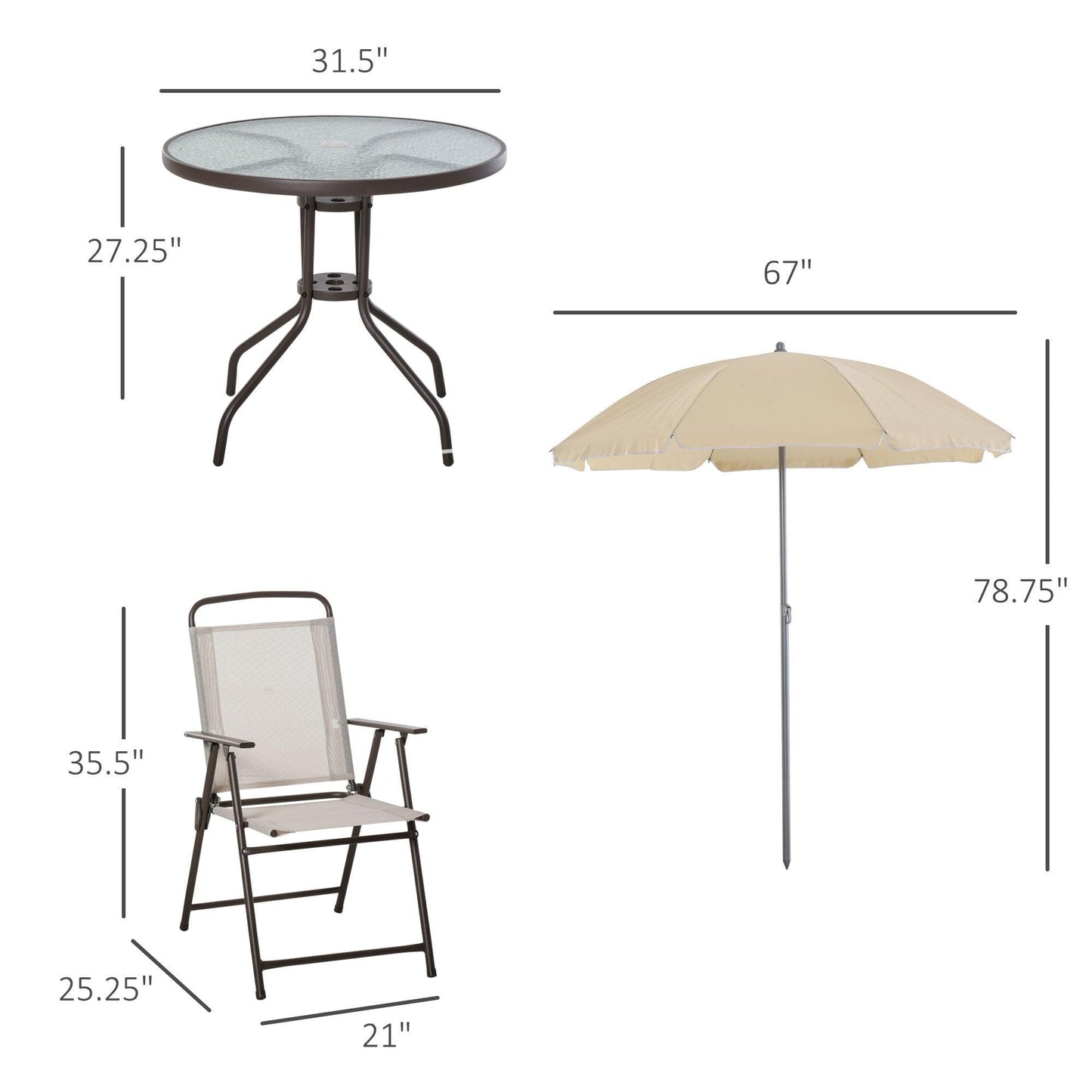 Outdoor and Garden-6 Piece Patio Dining Set for 4 with Umbrella, 4 Folding Dining Chairs & Round Glass Table for Garden, Backyard and Poolside, Beige - Outdoor Style Company