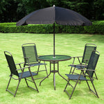Outdoor and Garden-6 Piece Patio Dining Set for 4 with Umbrella, 4 Folding Dining Chairs & Round Glass Table for Garden, Backyard and Poolside, Black - Outdoor Style Company