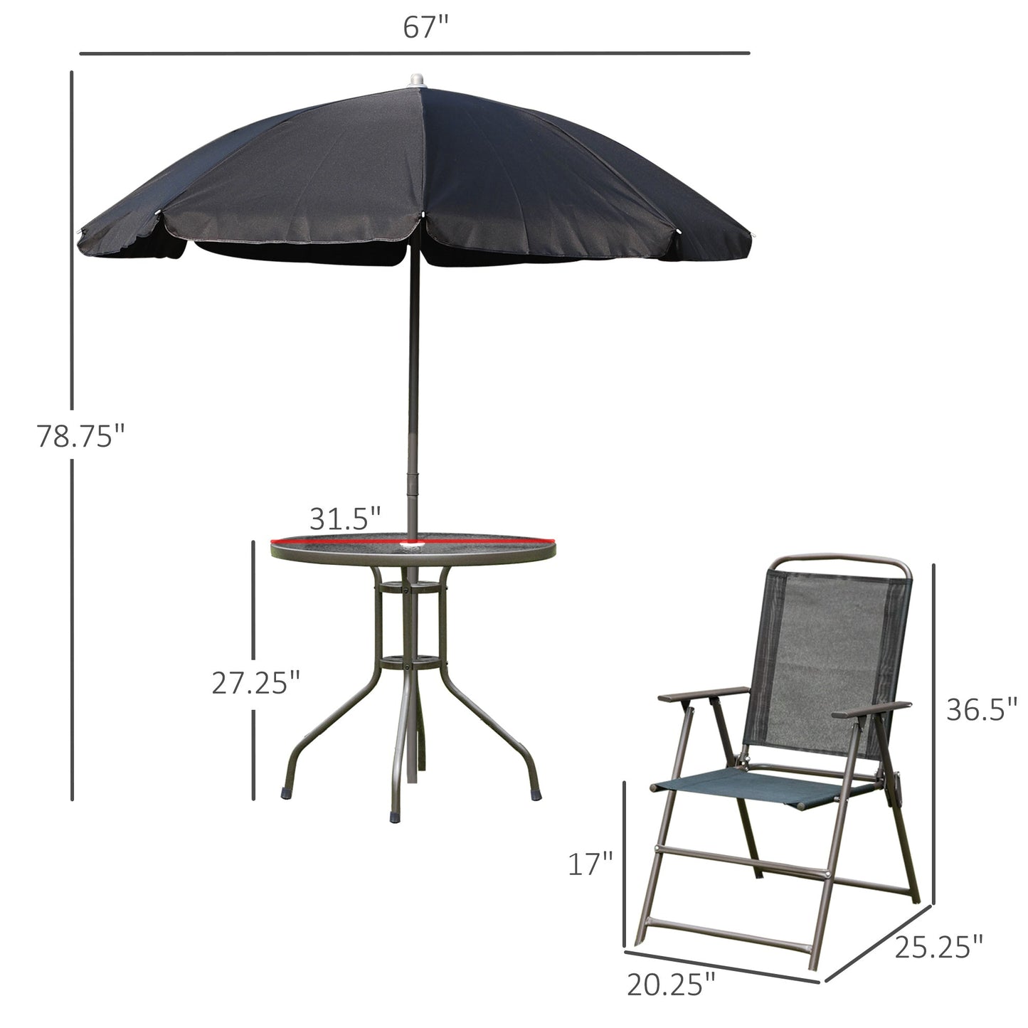 Outdoor and Garden-6 Piece Patio Dining Set for 4 with Umbrella, 4 Folding Dining Chairs & Round Glass Table for Garden, Backyard and Poolside, Black - Outdoor Style Company