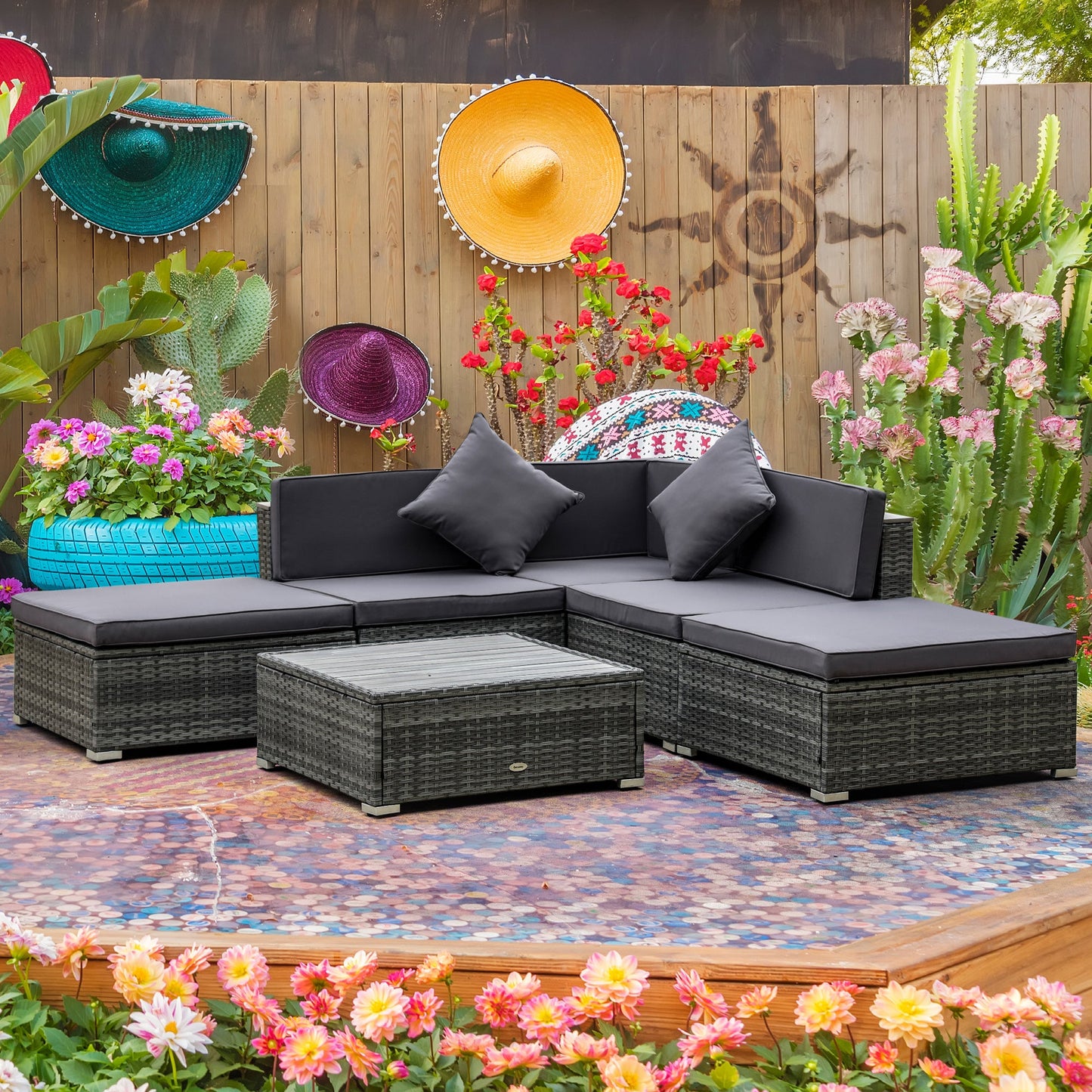 Outdoor and Garden-6-Piece Patio Furniture Sets Outdoor Sectional Sofa Set PE Rattan Conversation Sets with Corner Sofa and Acacia Wood Top Coffee Table, Grey - Outdoor Style Company