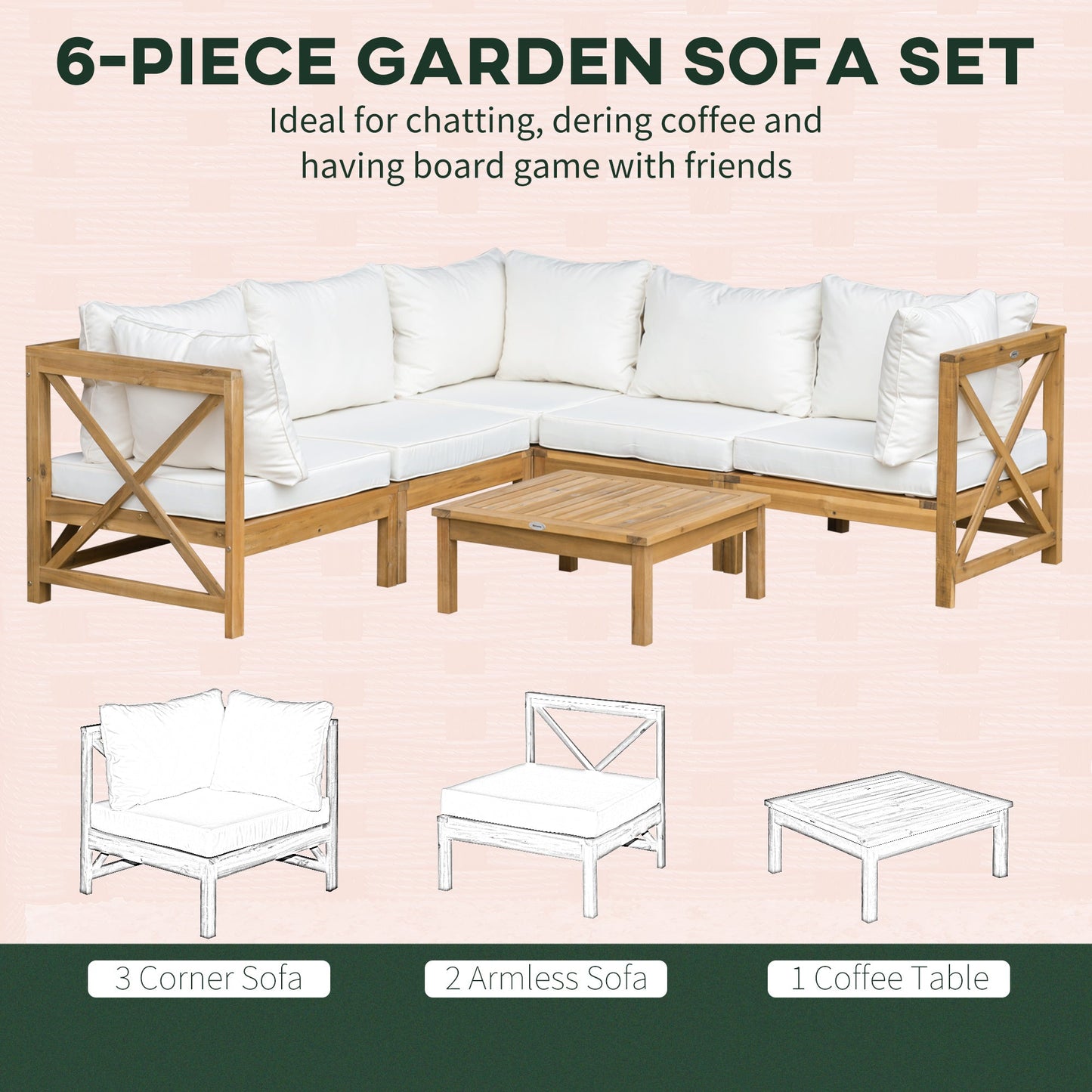 Outdoor and Garden-6-Piece Wooden Patio Sofa Sectional Set with Modular Design, Coffee Table, & 8 Pillows Included, Cream White - Outdoor Style Company