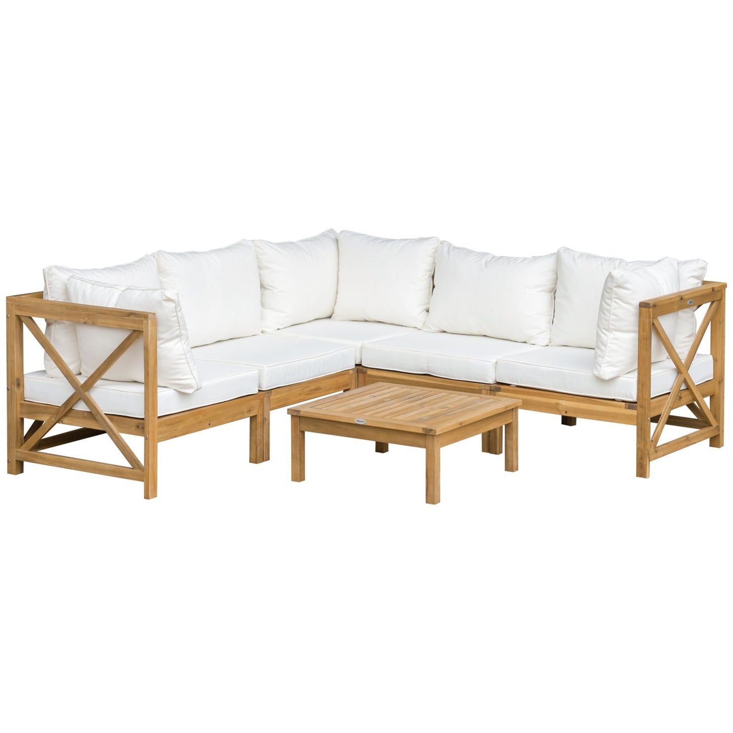 Outdoor and Garden-6-Piece Wooden Patio Sofa Sectional Set with Modular Design, Coffee Table, & 8 Pillows Included, Cream White - Outdoor Style Company