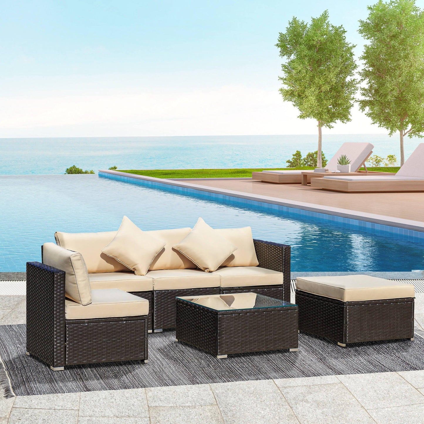 Outdoor and Garden-6 Pieces Outdoor PE Rattan Sofa Set, Sectional Conversation Wicker Patio Couch Furniture Set with Cushions and Coffee Table, Beige - Outdoor Style Company