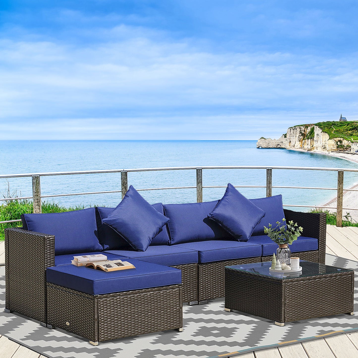 Outdoor and Garden-6 Pieces Outdoor PE Rattan Sofa Set, Sectional Conversation Wicker Patio Couch Furniture Set with Cushions and Coffee Table, Blue - Outdoor Style Company