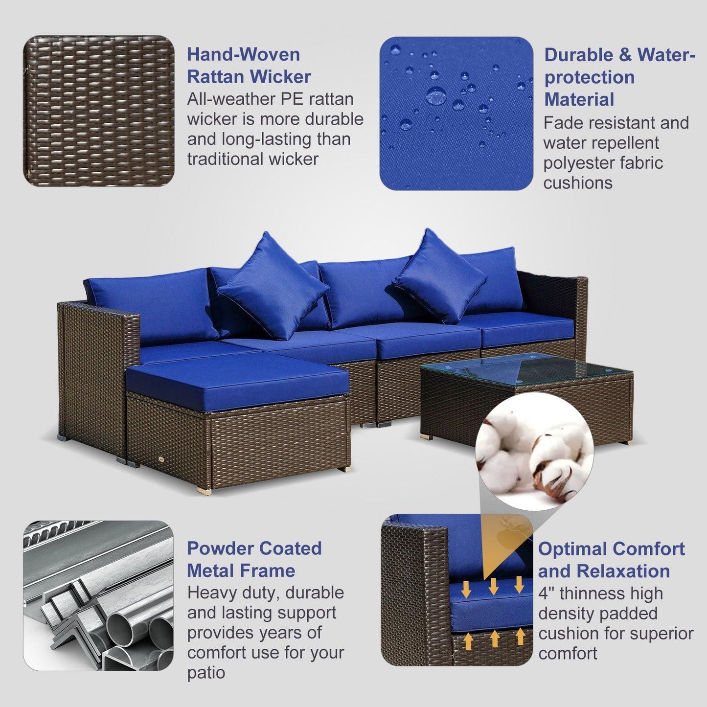 Outdoor and Garden-6 Pieces Outdoor PE Rattan Sofa Set, Sectional Conversation Wicker Patio Couch Furniture Set with Cushions and Coffee Table, Blue - Outdoor Style Company