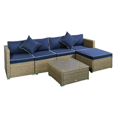 Outdoor and Garden-6 Pieces Outdoor PE Rattan Sofa Set, Sectional Conversation Wicker Patio Couch Furniture Set with Cushions and Coffee Table, Navy Blue - Outdoor Style Company