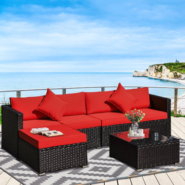 Outdoor and Garden-6 Pieces Outdoor PE Rattan Sofa Set, Sectional Conversation Wicker Patio Couch Furniture Set with Cushions and Coffee Table, Red - Outdoor Style Company