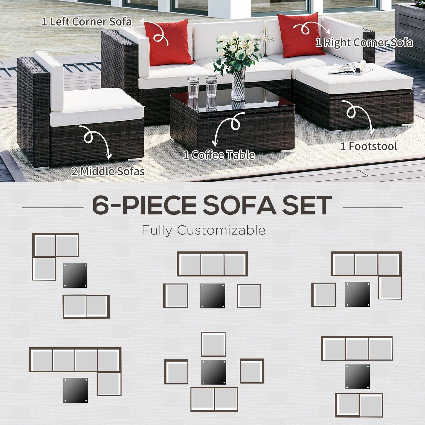 Outdoor and Garden-6 Pieces Outdoor PE Rattan Sofa Set, Sectional Conversation Wicker Patio Couch Furniture Set with Cushions and Coffee Table, White - Outdoor Style Company