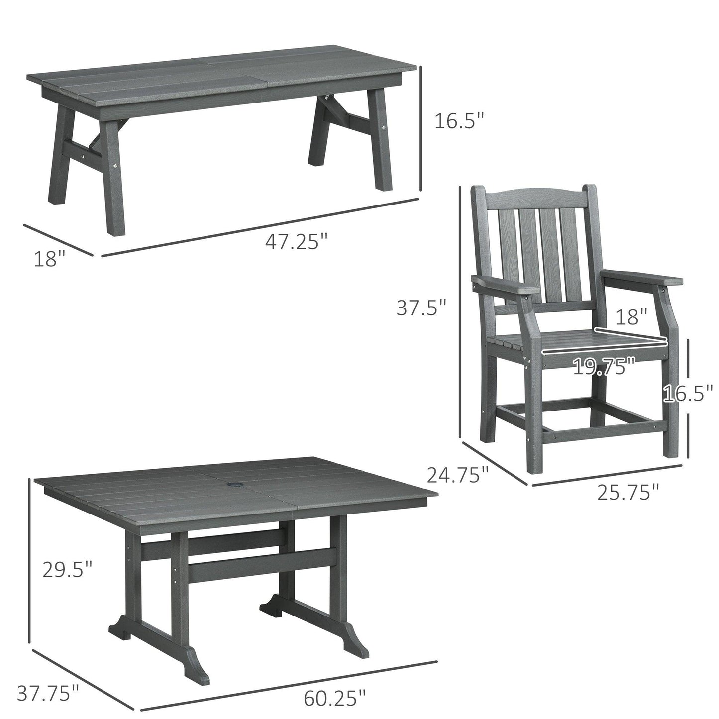 Outdoor and Garden-6 Pieces Patio Dining Set, 6 Seater Outdoor Table and Chairs Loveseat with Umbrella Hole, Cushions, for Poolside, Backyard, Dark Gray - Outdoor Style Company