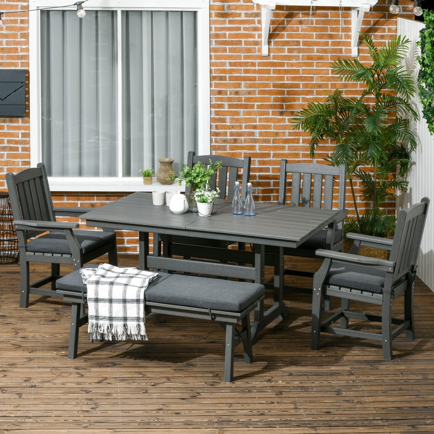 Outdoor and Garden-6 Pieces Patio Dining Set, 6 Seater Outdoor Table and Chairs Loveseat with Umbrella Hole, Cushions, for Poolside, Backyard, Dark Gray - Outdoor Style Company