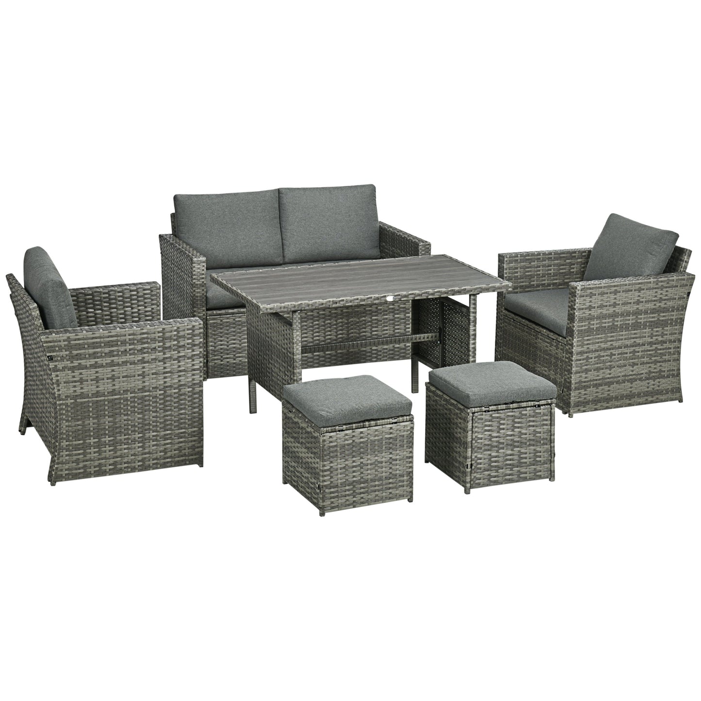 Outdoor and Garden-6 Pieces Patio Dining Set, PE Rattan Furniture Set with 2 Chairs Cushions & Outdoor Loveseat Sofa, Woodgrain Slatted Dinner Table, Mixed Gray - Outdoor Style Company