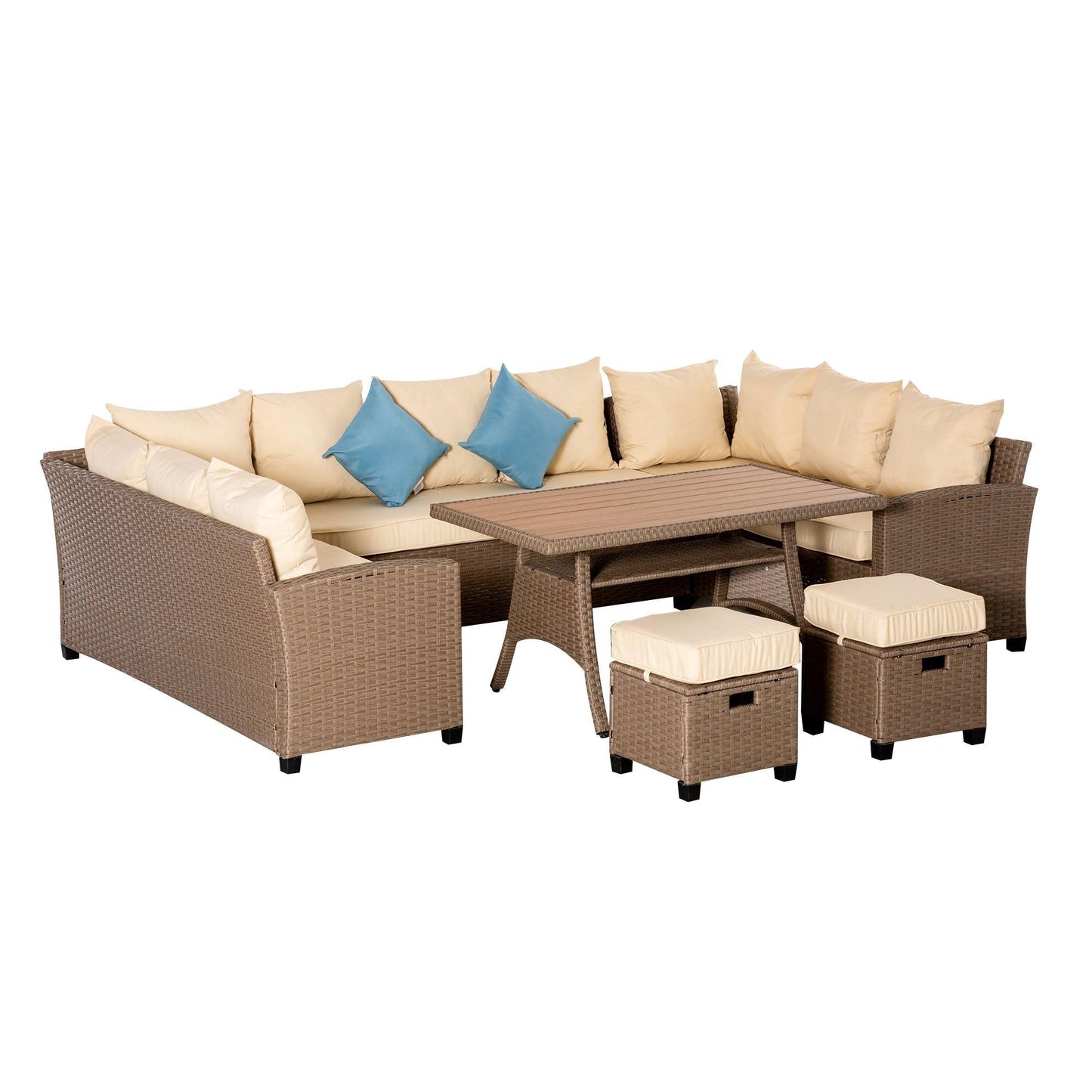 Outdoor and Garden-6 Pieces Patio Wicker Sofa Set, Outdoor All Weather PE Rattan Ample Seating Room Conservatory Furniture, w/ Strip Wood Grain Plastic Coffee - Outdoor Style Company