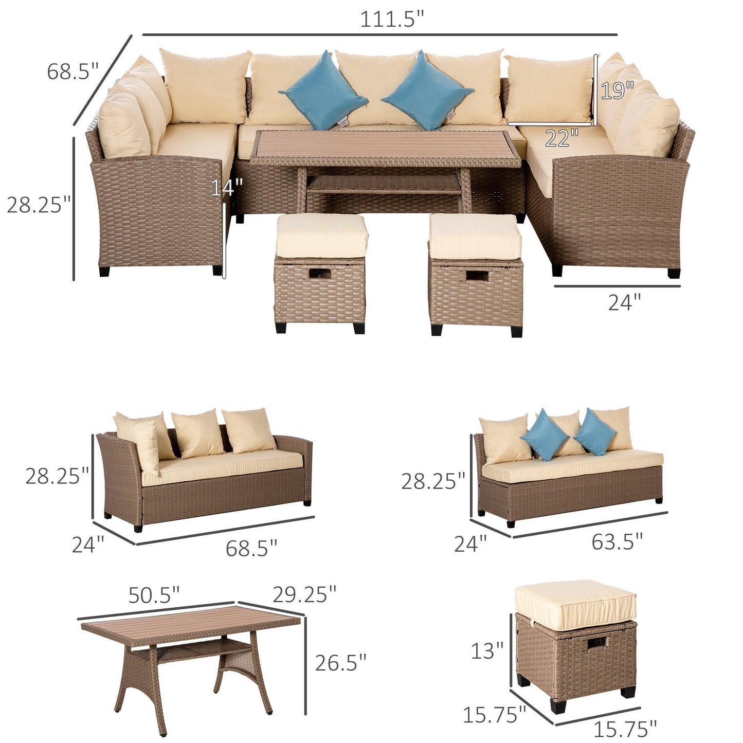 Outdoor and Garden-6 Pieces Patio Wicker Sofa Set, Outdoor All Weather PE Rattan Ample Seating Room Conservatory Furniture, w/ Strip Wood Grain Plastic Coffee - Outdoor Style Company