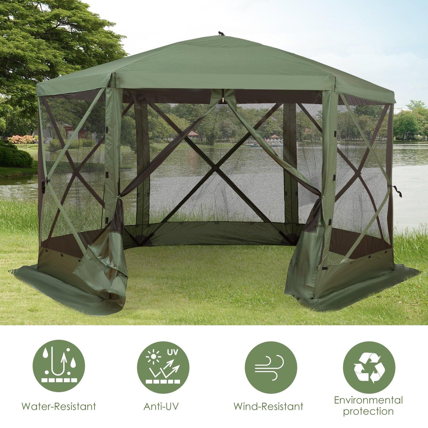 Outdoor and Garden-6-Sided Hexagon Pop Up Party Tent Gazebo with Mesh Netting Walls & Shaded Interior, 12' x 12', Green - Outdoor Style Company